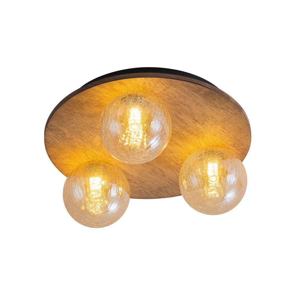 Farmhouse Amber Textured Glass Wooden Round Ceiling Light