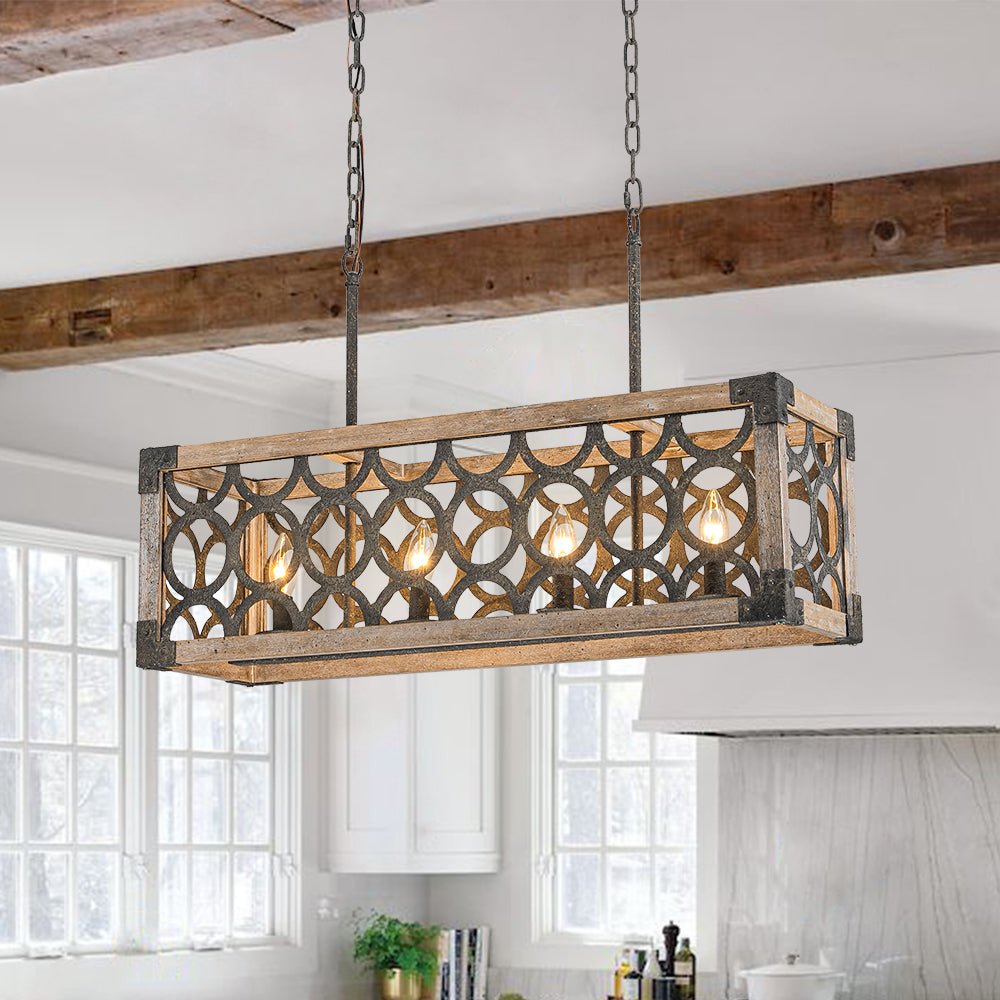 Farmhouse Antique Wooden Rectangle Box Linear Chandelier