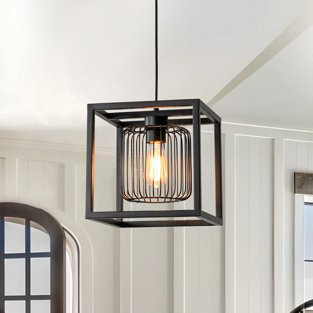 Farmhouse Black Dual Cage Square Lantern Pendant Light