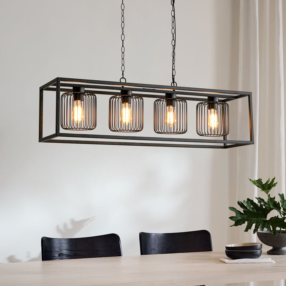 Farmhouse Black Rectangular Cage Linear Island Chandelier