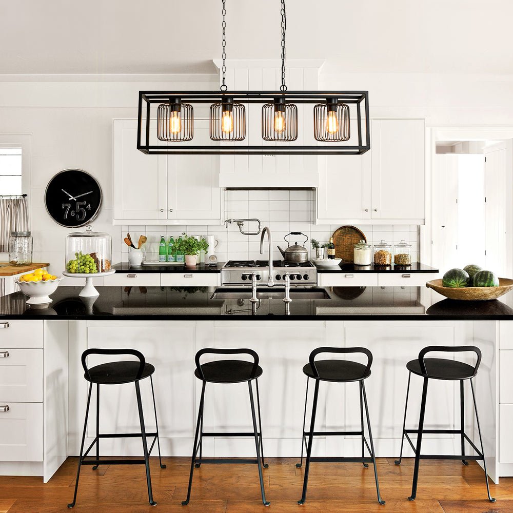 Farmhouse Black Rectangular Cage Linear Island Chandelier