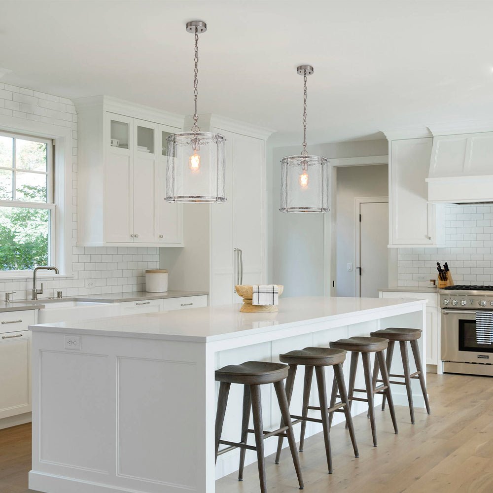 Farmhouse Clear Textured Glass Cylinder Cage Pendant