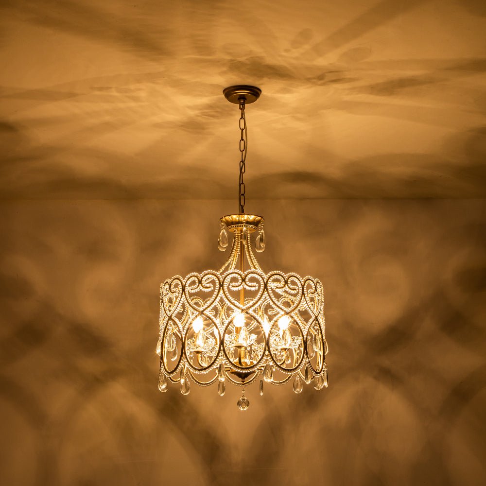 French Antique 5-Light Crystal Accents Drum Chandelier