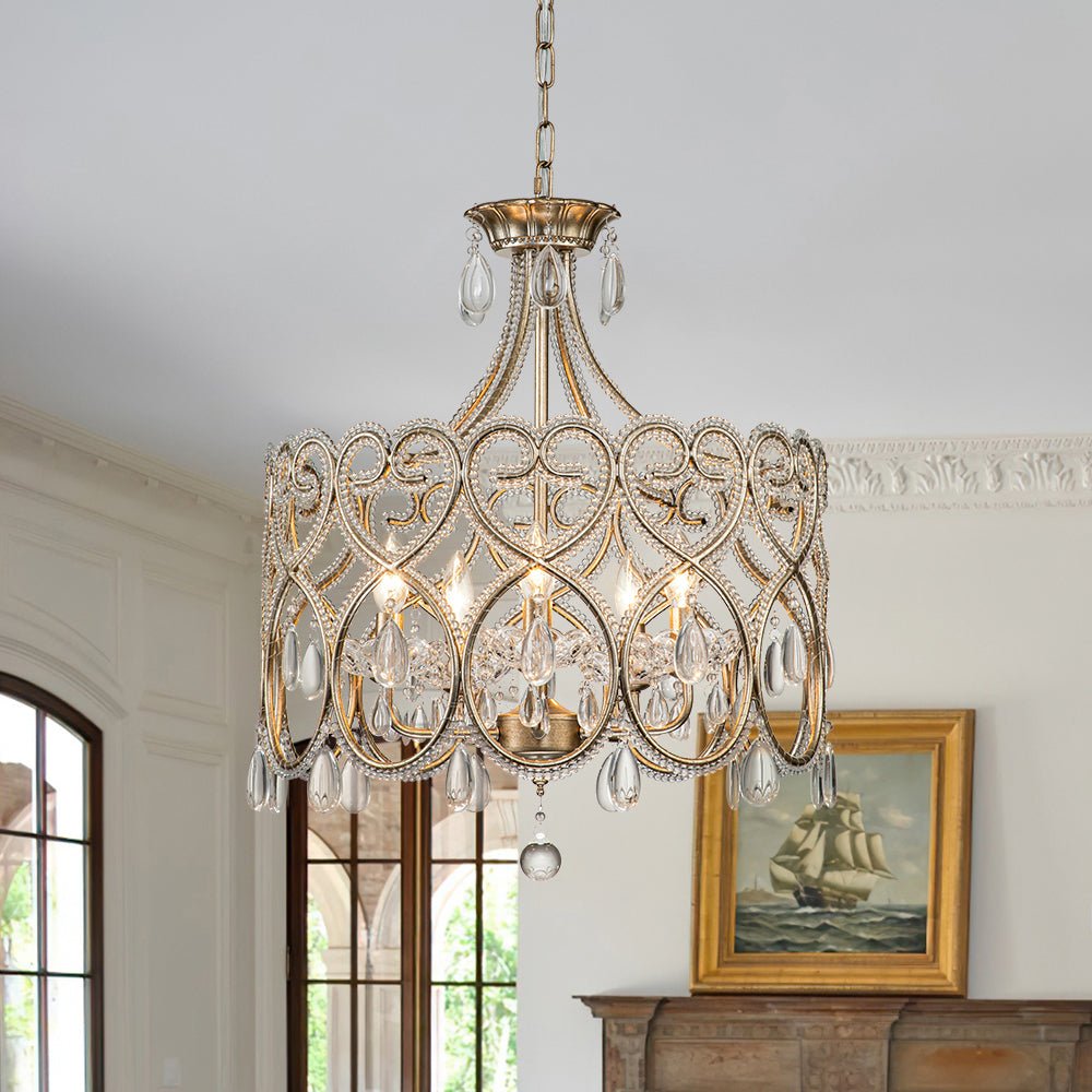 French Antique 5-Light Crystal Accents Drum Chandelier