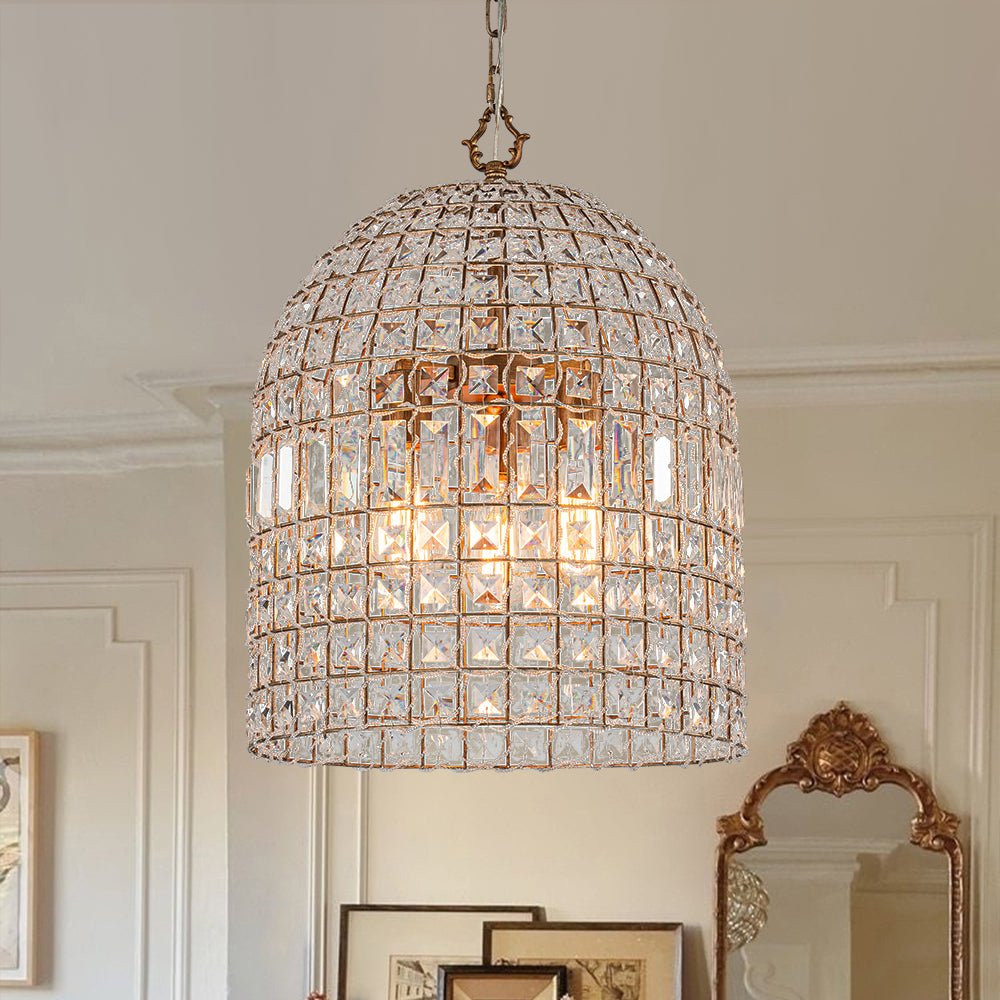 French Antique Brass Crystal Cage Chandelier