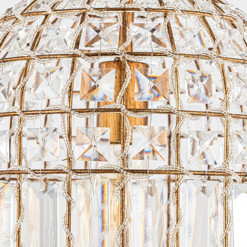 French Antique Brass Crystal Cage Chandelier