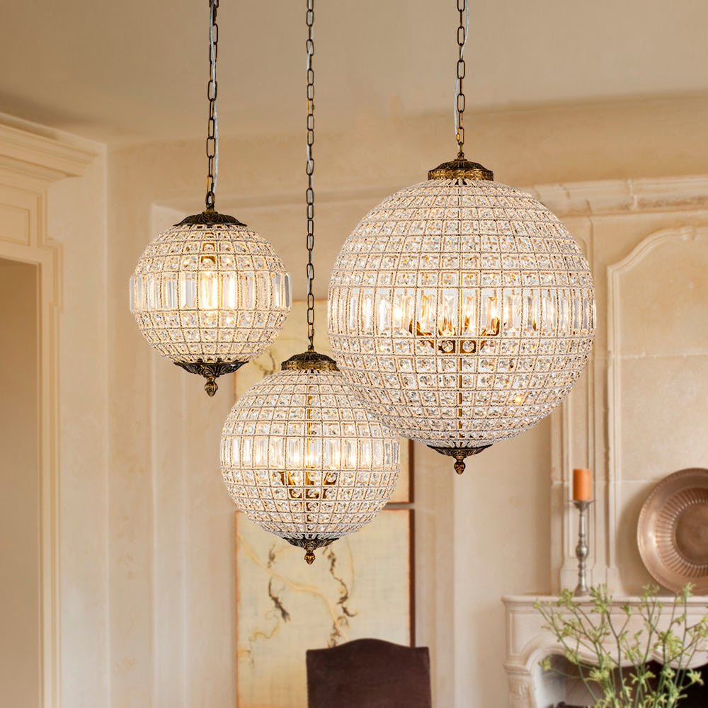 French Antique Brass Crystal Globe Chandelier