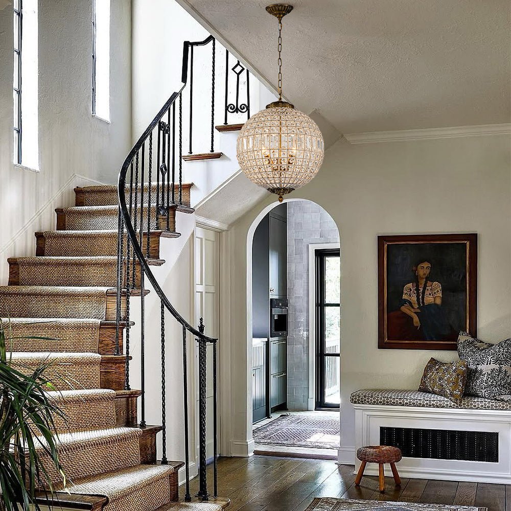 French Antique Brass Crystal Globe Chandelier