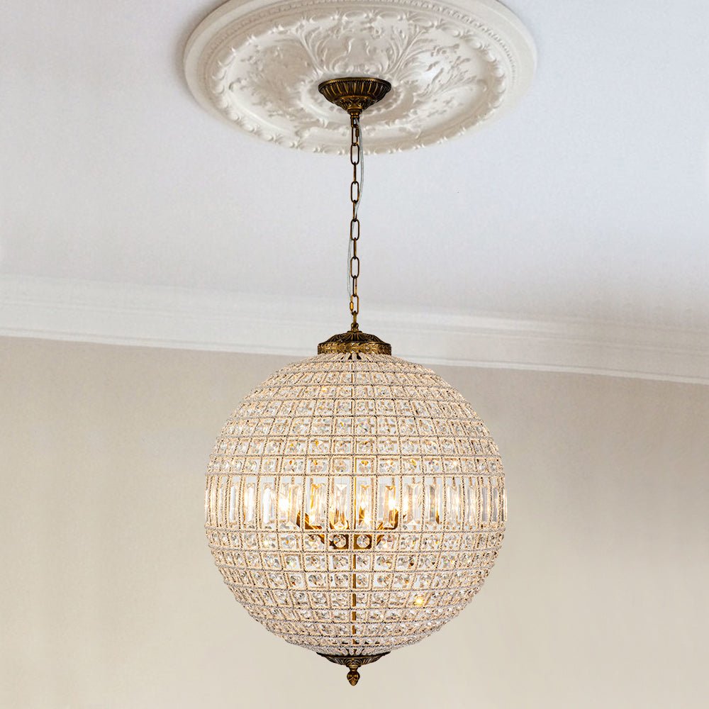 French Antique Brass Crystal Globe Chandelier