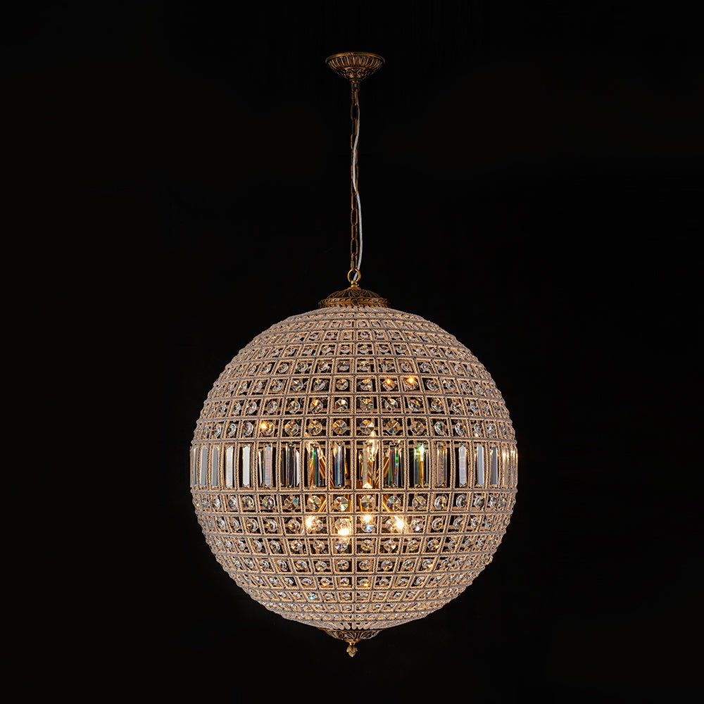 French Antique Brass Crystal Globe Chandelier