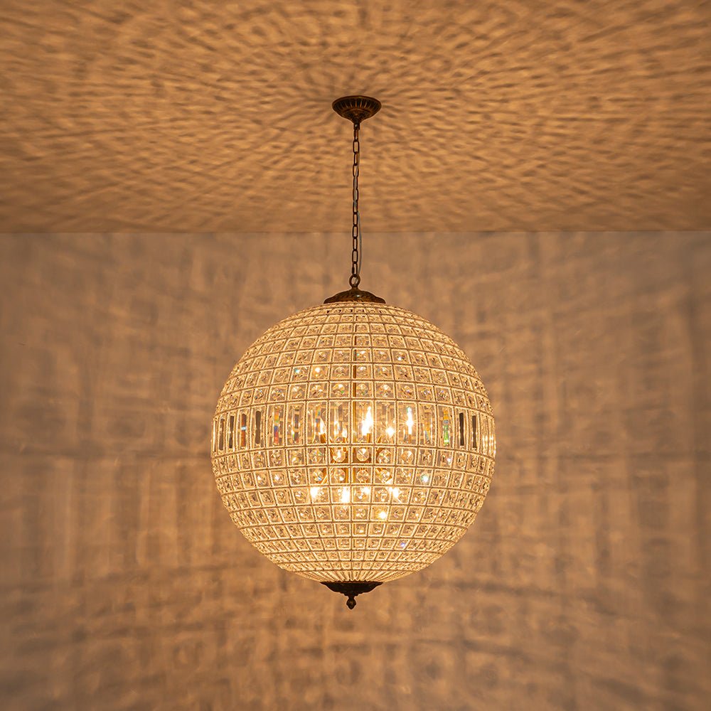 French Antique Brass Crystal Globe Chandelier
