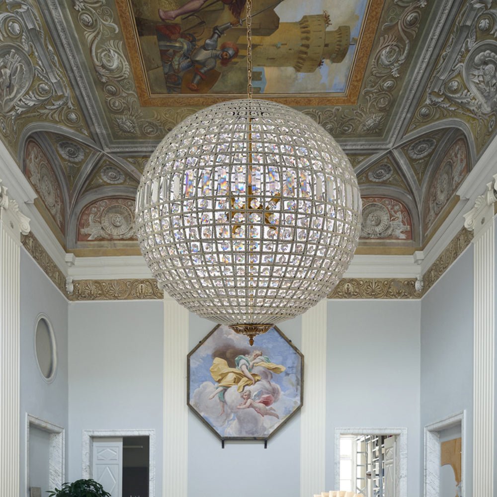 French Antique Brass Crystal Globe Chandelier
