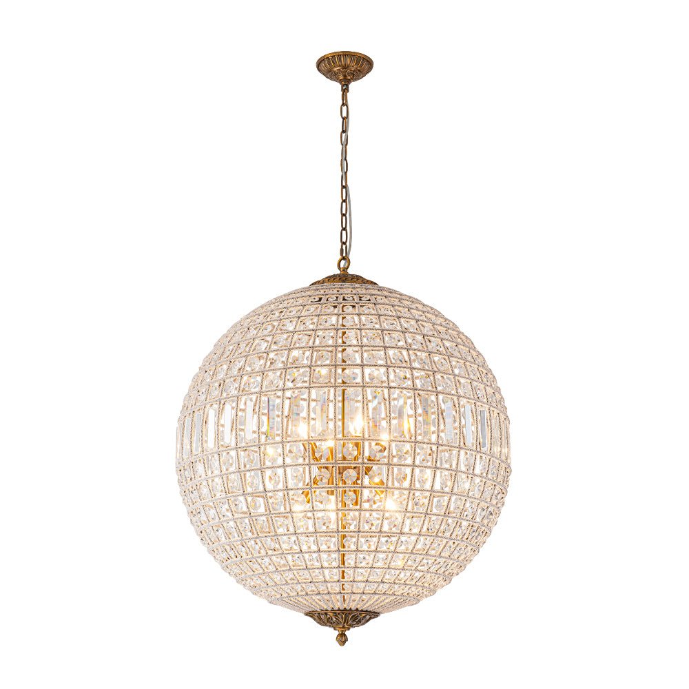 French Antique Brass Crystal Globe Chandelier