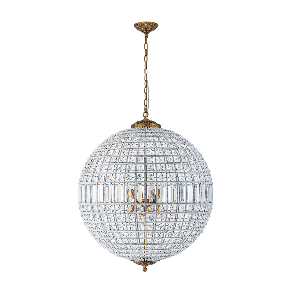 French Antique Brass Crystal Globe Chandelier