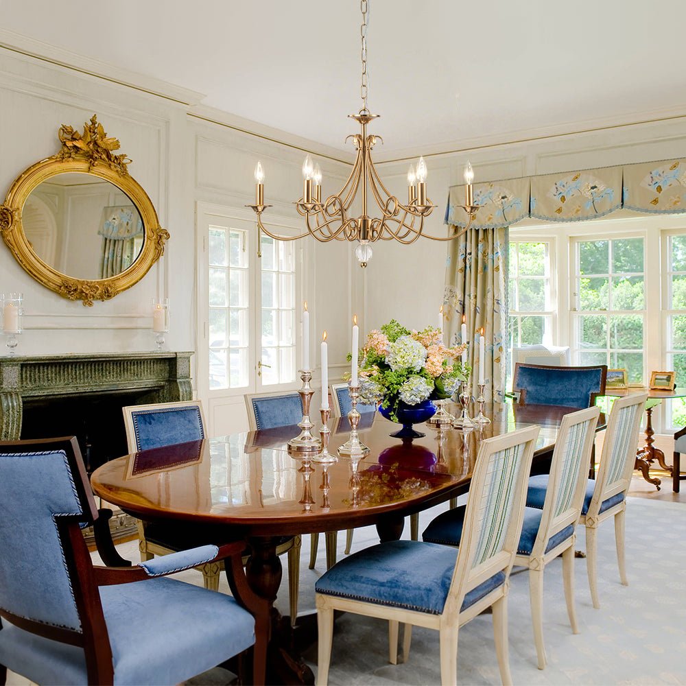 French Classic Brass Scrolling Candle Style Chandelier
