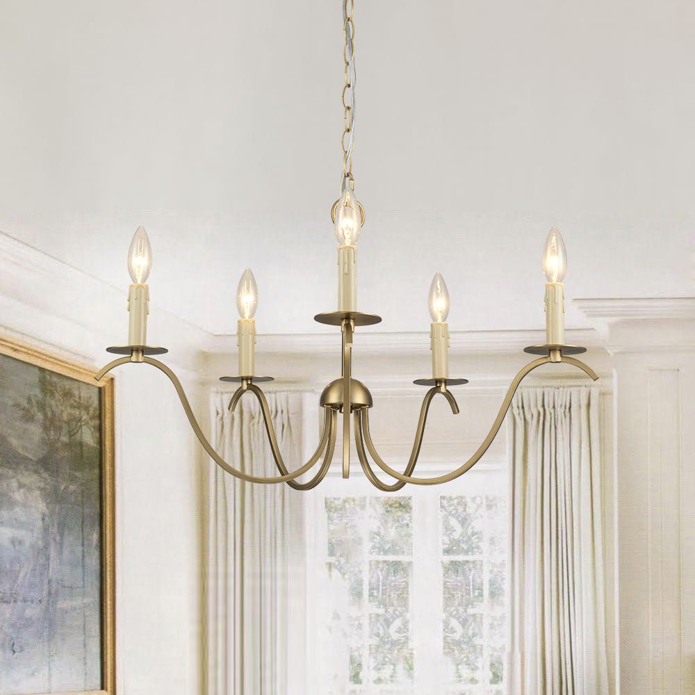 French Farmhouse 5-Light Brass Candle Style Chandelier