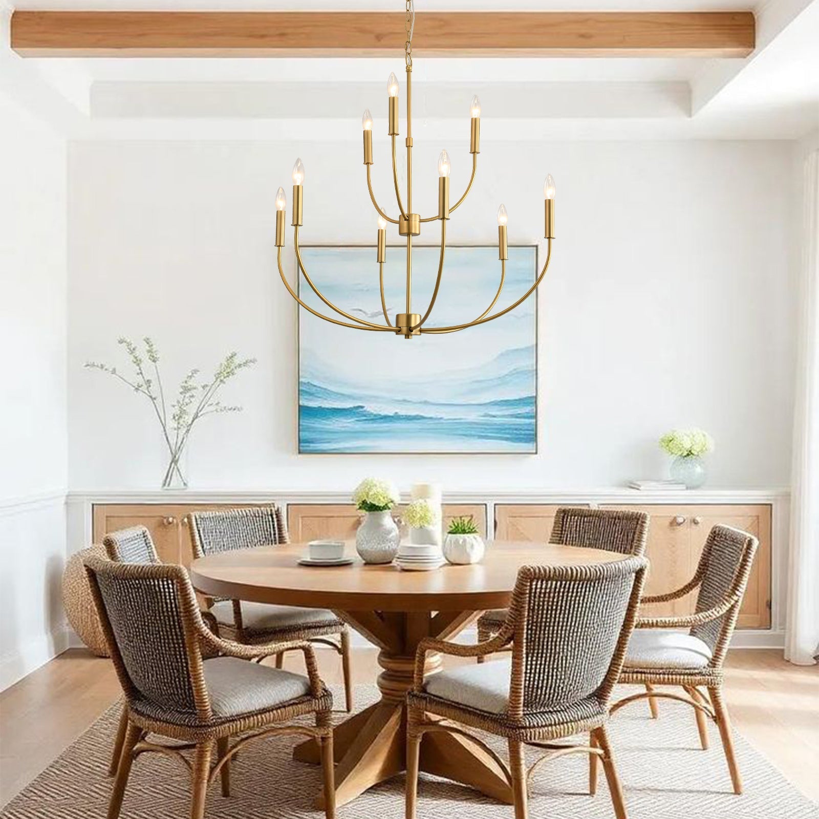 French Farmhouse Brass 2-Tier Candle Style Chandelier