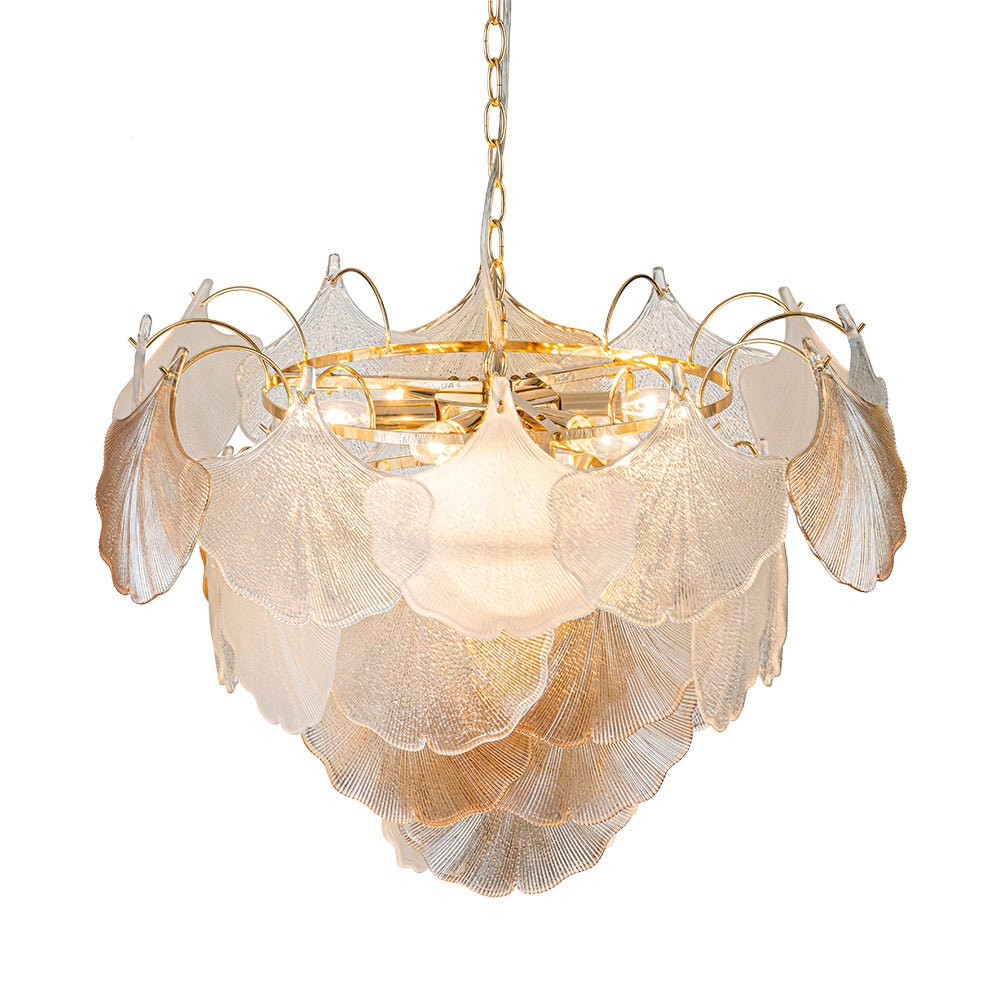 French Gold Layered Ginkgo Leaf Textured Glass Chandelier