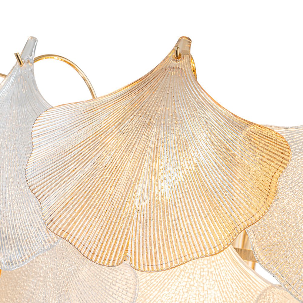 French Gold Layered Ginkgo Leaf Textured Glass Chandelier