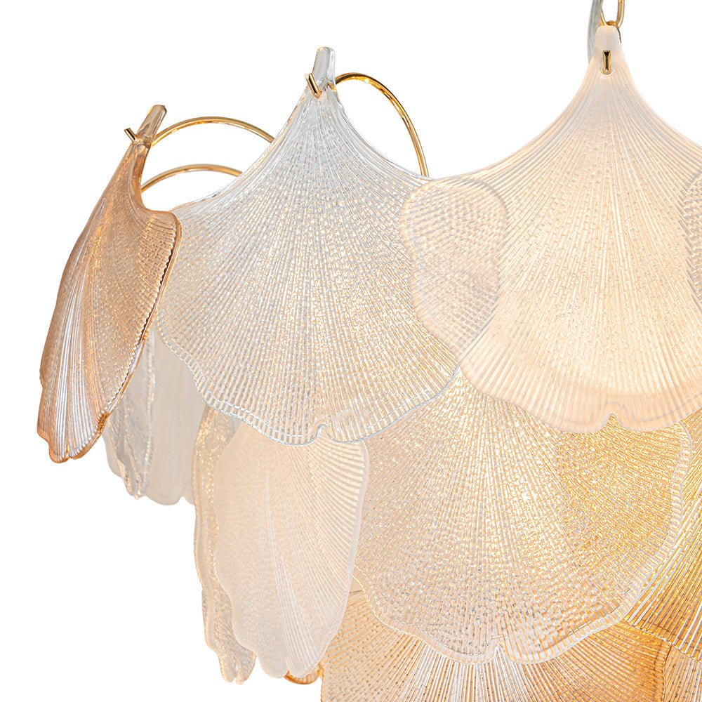 French Gold Layered Ginkgo Leaf Textured Glass Chandelier