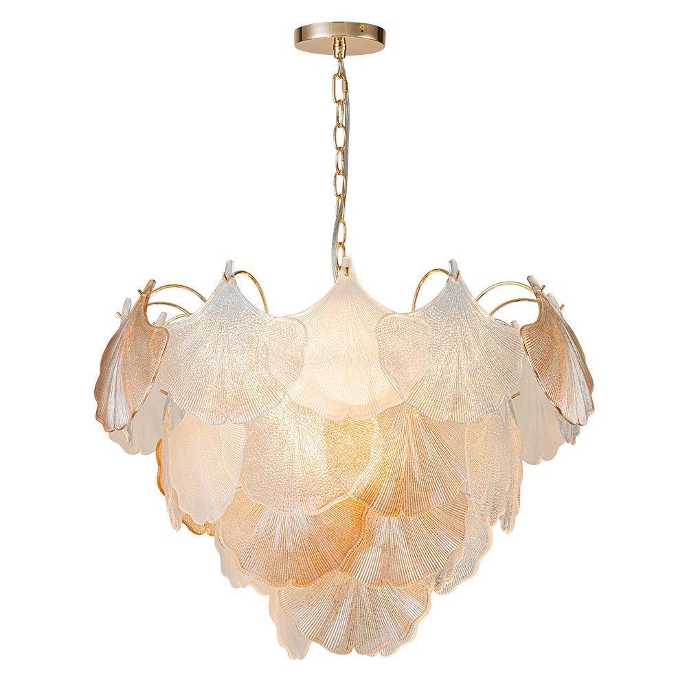 French Gold Layered Ginkgo Leaf Textured Glass Chandelier