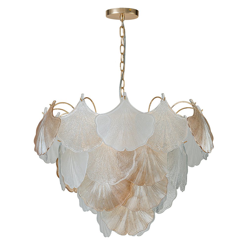 French Gold Layered Ginkgo Leaf Textured Glass Chandelier