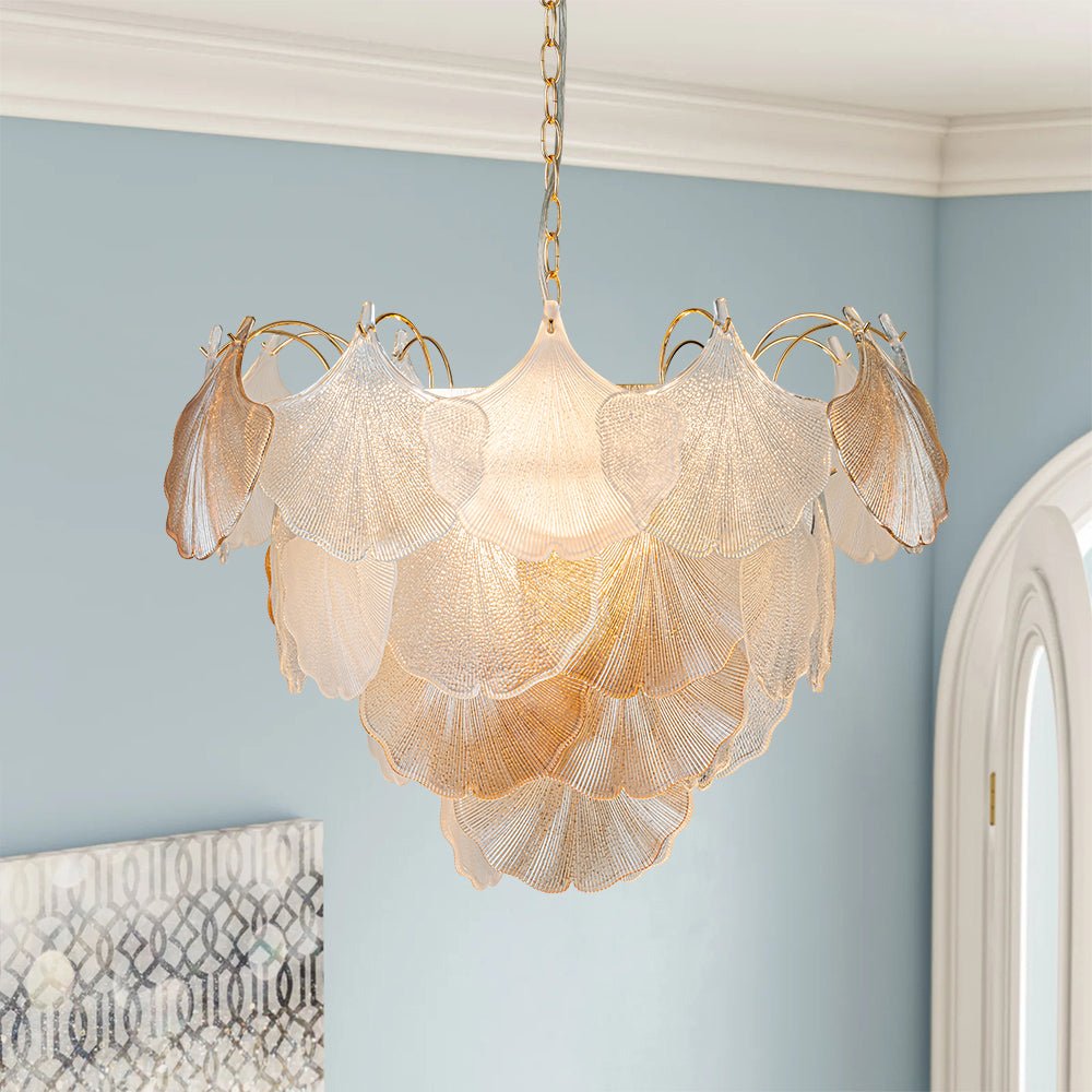 French Gold Layered Ginkgo Leaf Textured Glass Chandelier