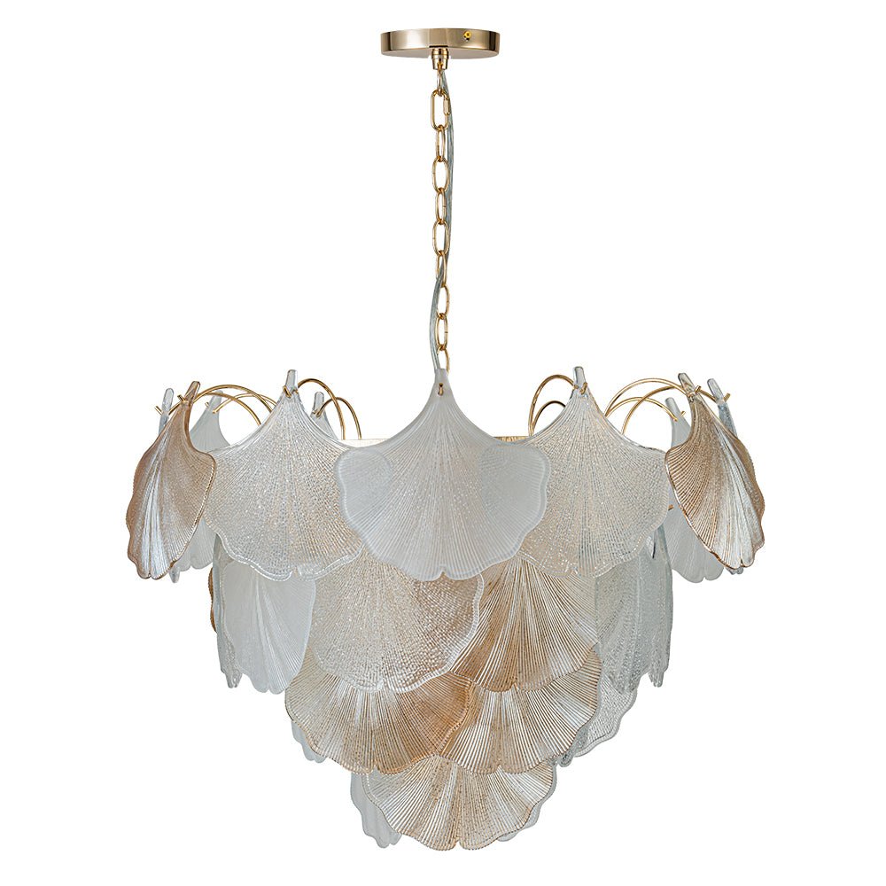 French Gold Layered Ginkgo Leaf Textured Glass Chandelier
