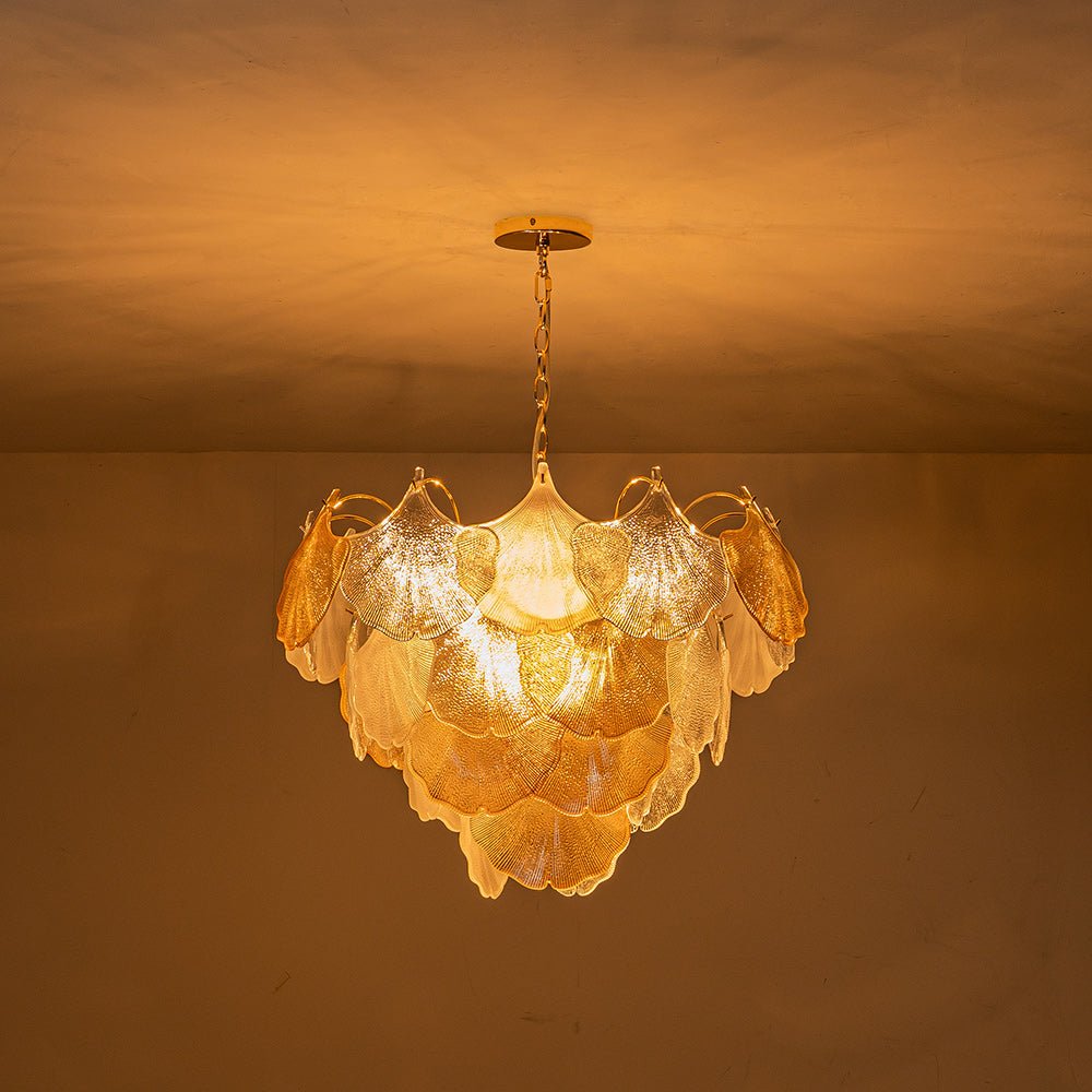 French Gold Layered Ginkgo Leaf Textured Glass Chandelier
