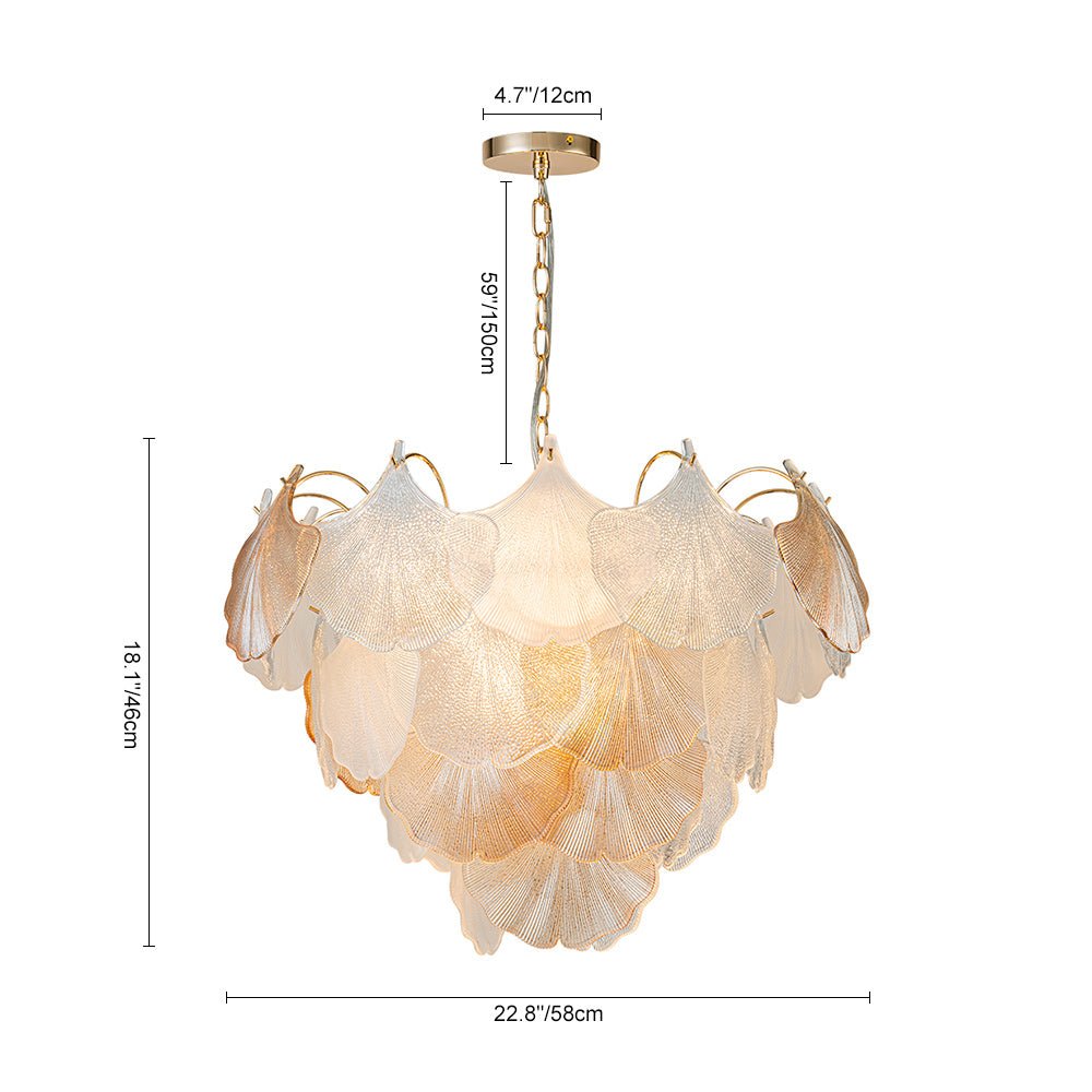 French Gold Layered Ginkgo Leaf Textured Glass Chandelier