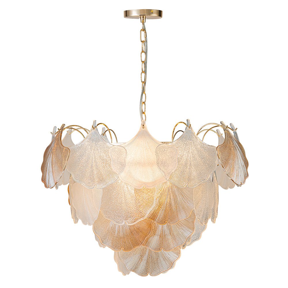French Gold Layered Ginkgo Leaf Textured Glass Chandelier