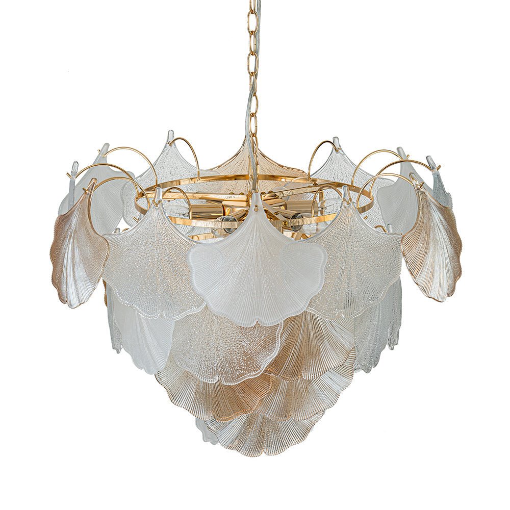 French Gold Layered Ginkgo Leaf Textured Glass Chandelier