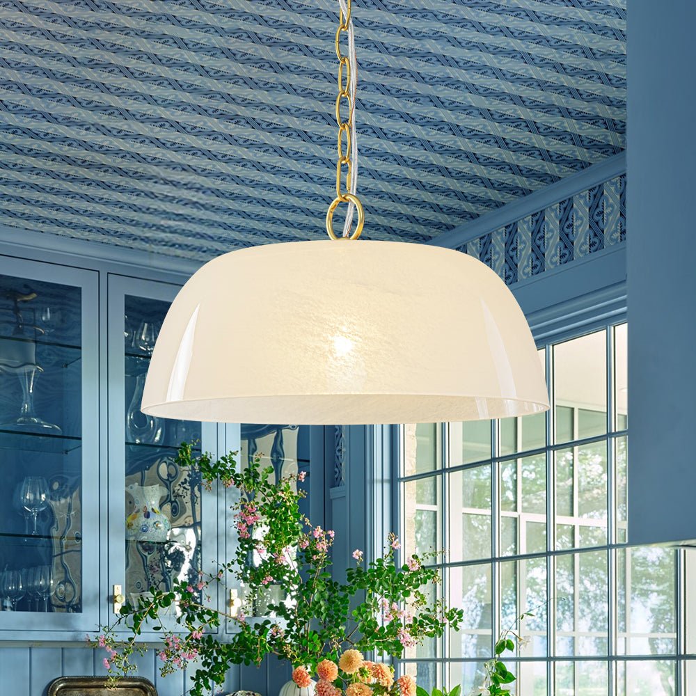 French Luxe 1-Light White Clouded Glass Round Pendant