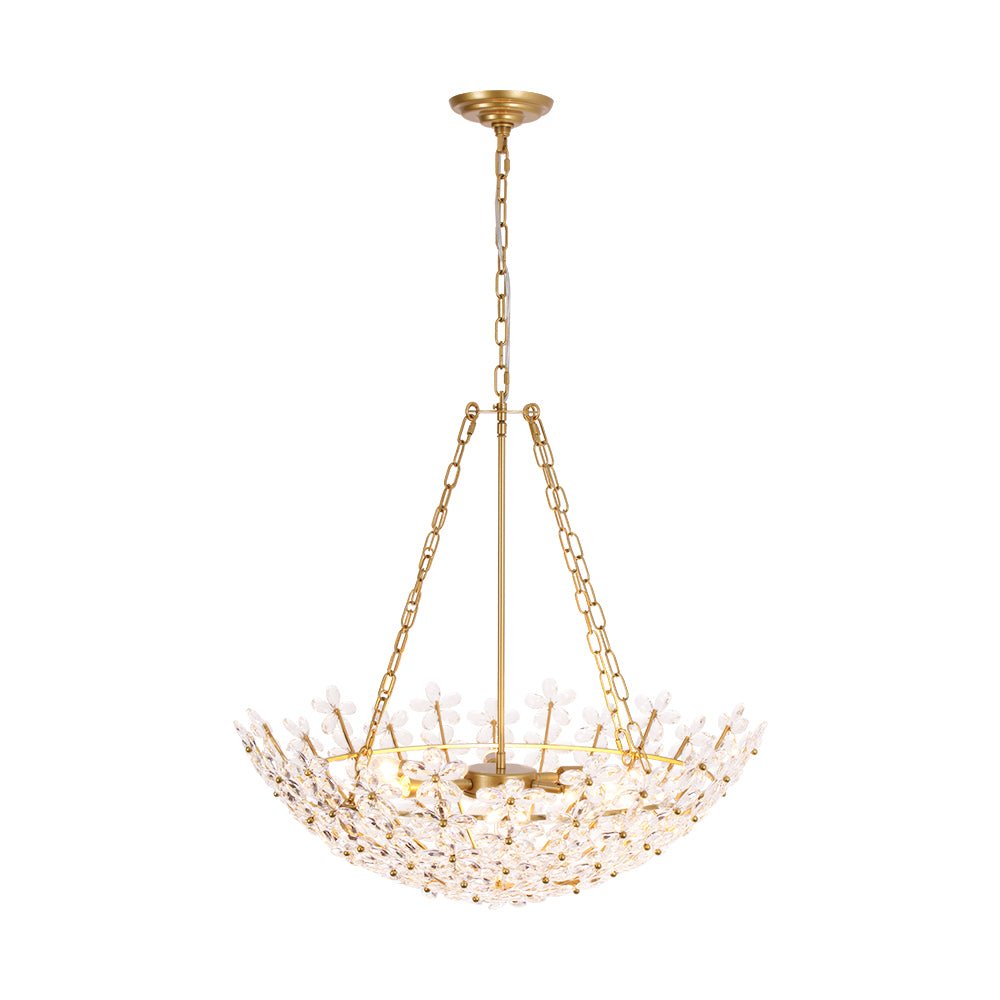French Luxe Brass Bloom Crystal Floral Basket Chandelier