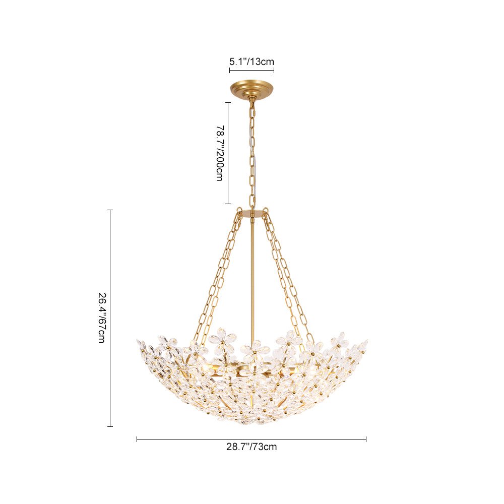 French Luxe Brass Bloom Crystal Floral Basket Chandelier