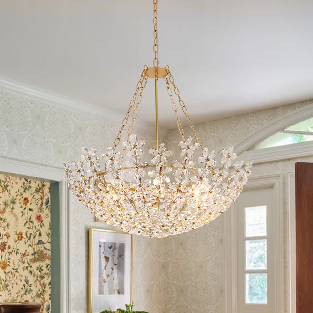 French Luxe Brass Bloom Crystal Floral Basket Chandelier