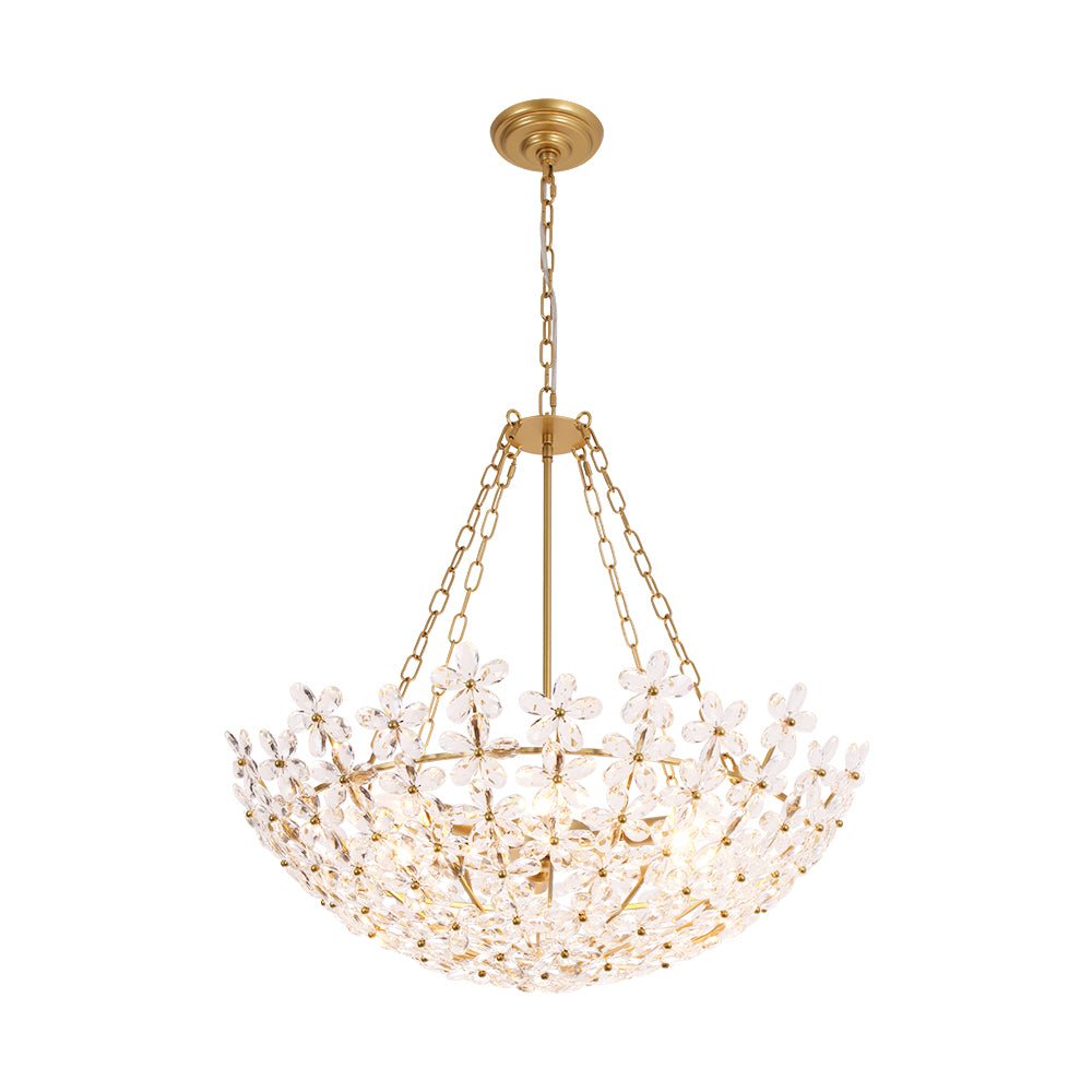 French Luxe Brass Bloom Crystal Floral Basket Chandelier