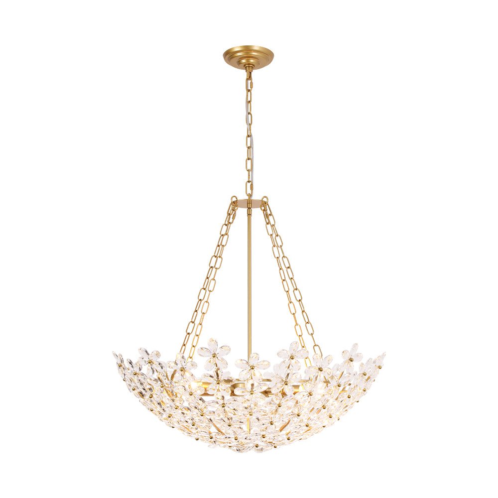 French Luxe Brass Bloom Crystal Floral Basket Chandelier