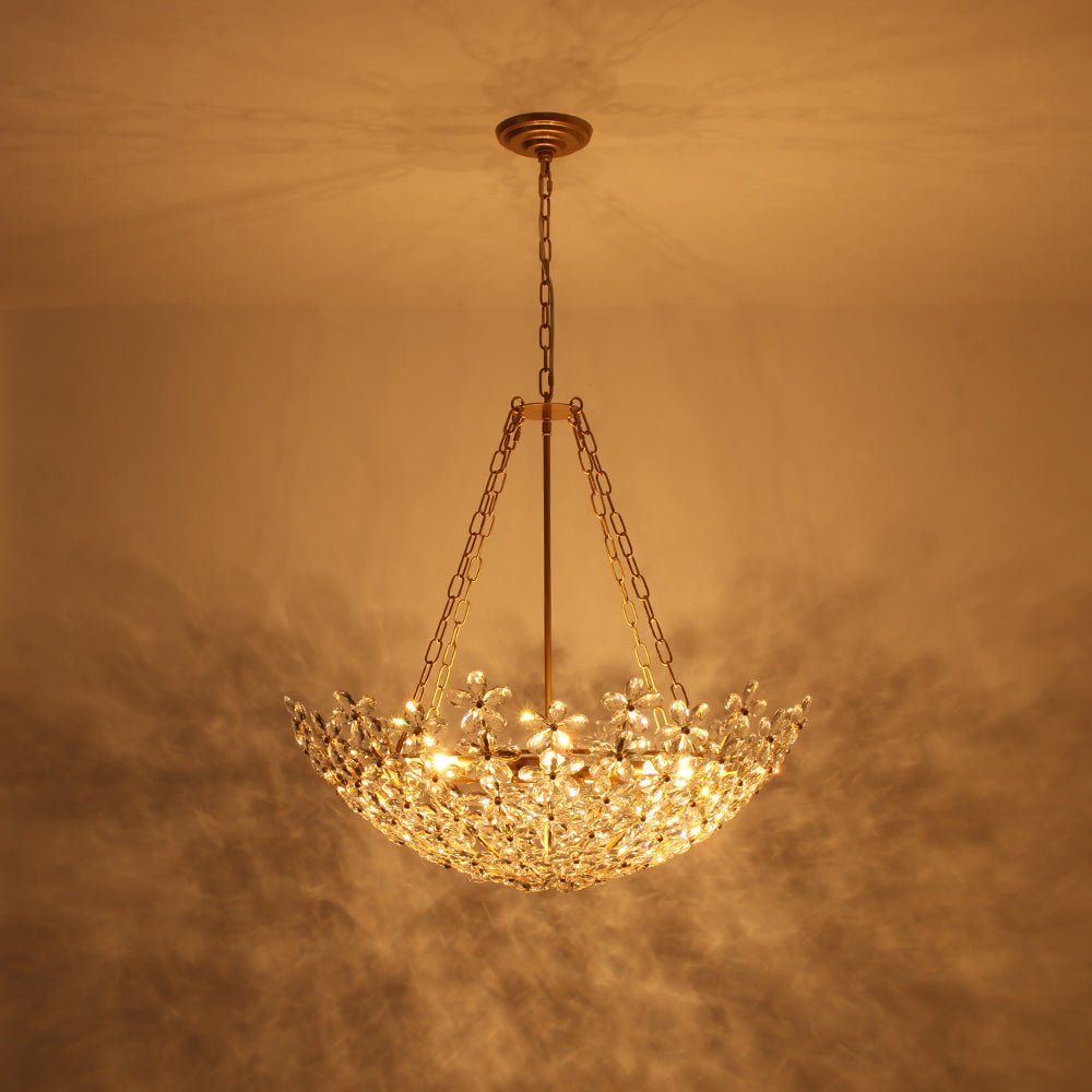 French Luxe Brass Bloom Crystal Floral Basket Chandelier