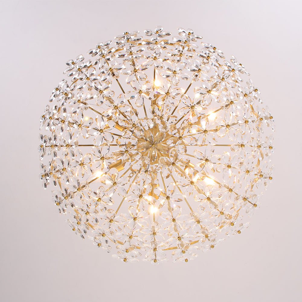 French Luxe Brass Bloom Crystal Floral Basket Chandelier