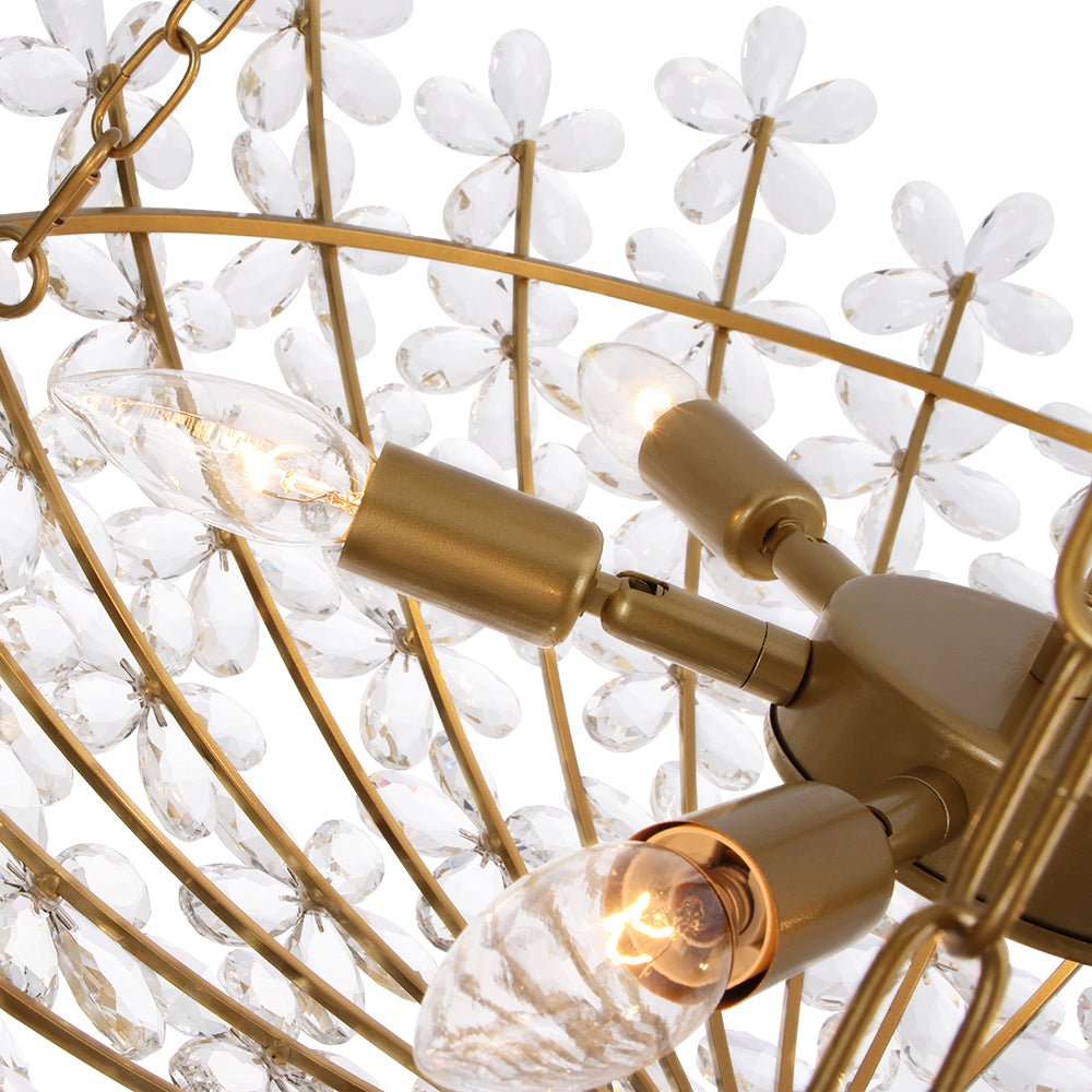 French Luxe Brass Bloom Crystal Floral Basket Chandelier