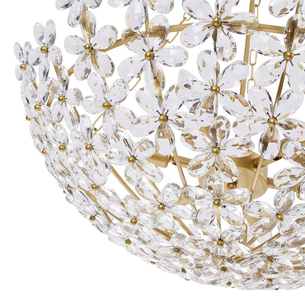 French Luxe Brass Bloom Crystal Floral Basket Chandelier