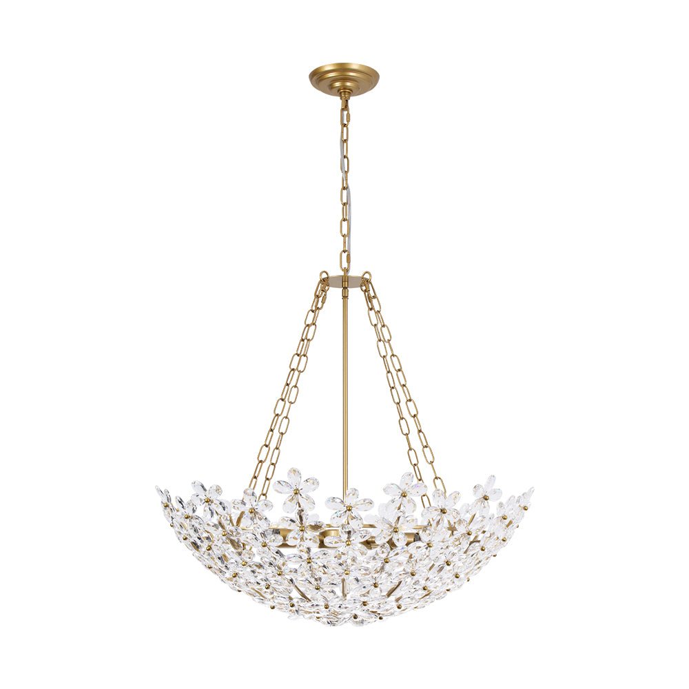 French Luxe Brass Bloom Crystal Floral Basket Chandelier