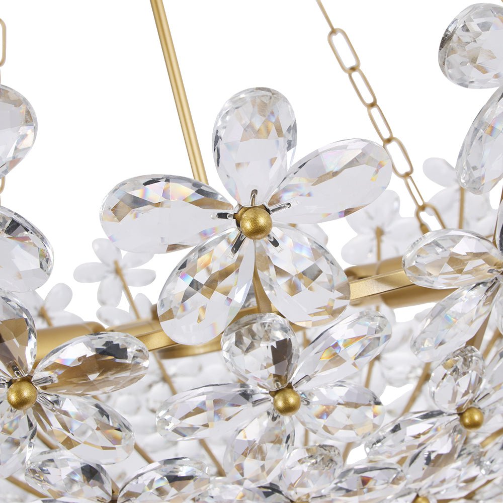 French Luxe Brass Bloom Crystal Floral Basket Chandelier
