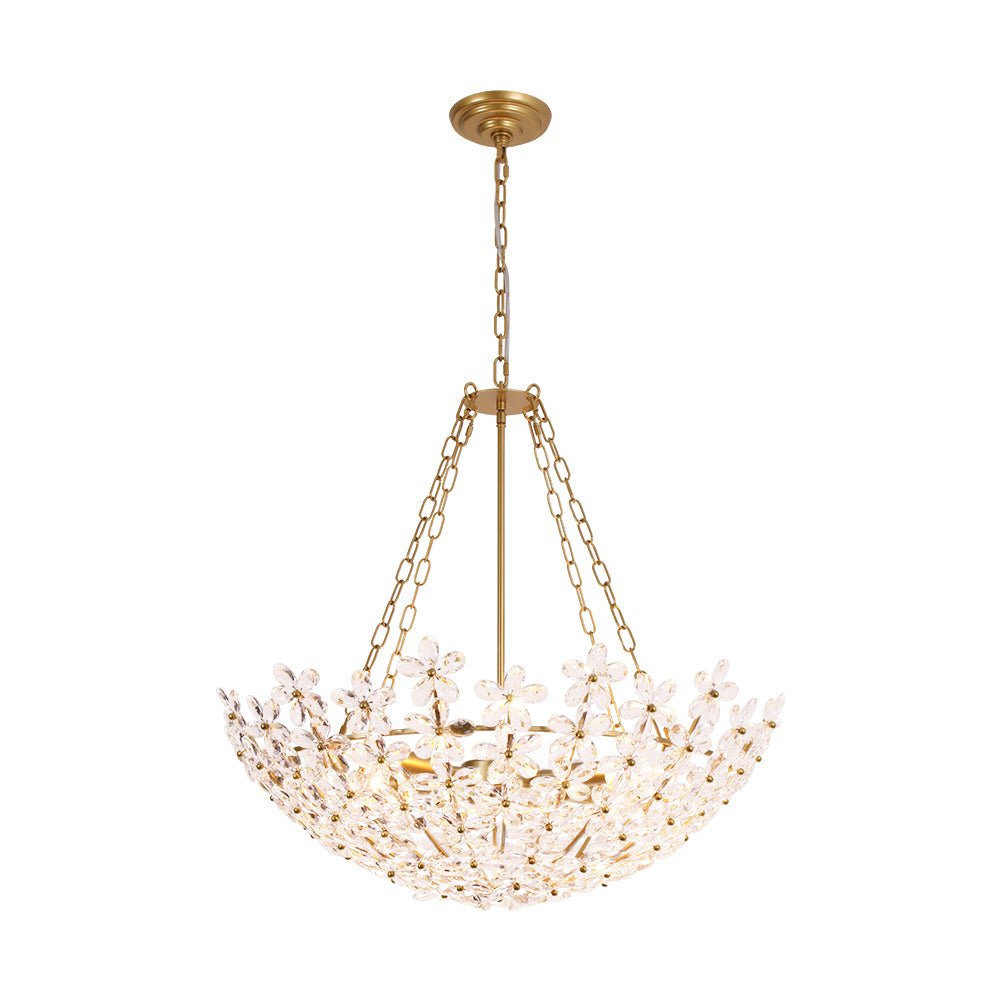 French Luxe Brass Bloom Crystal Floral Basket Chandelier