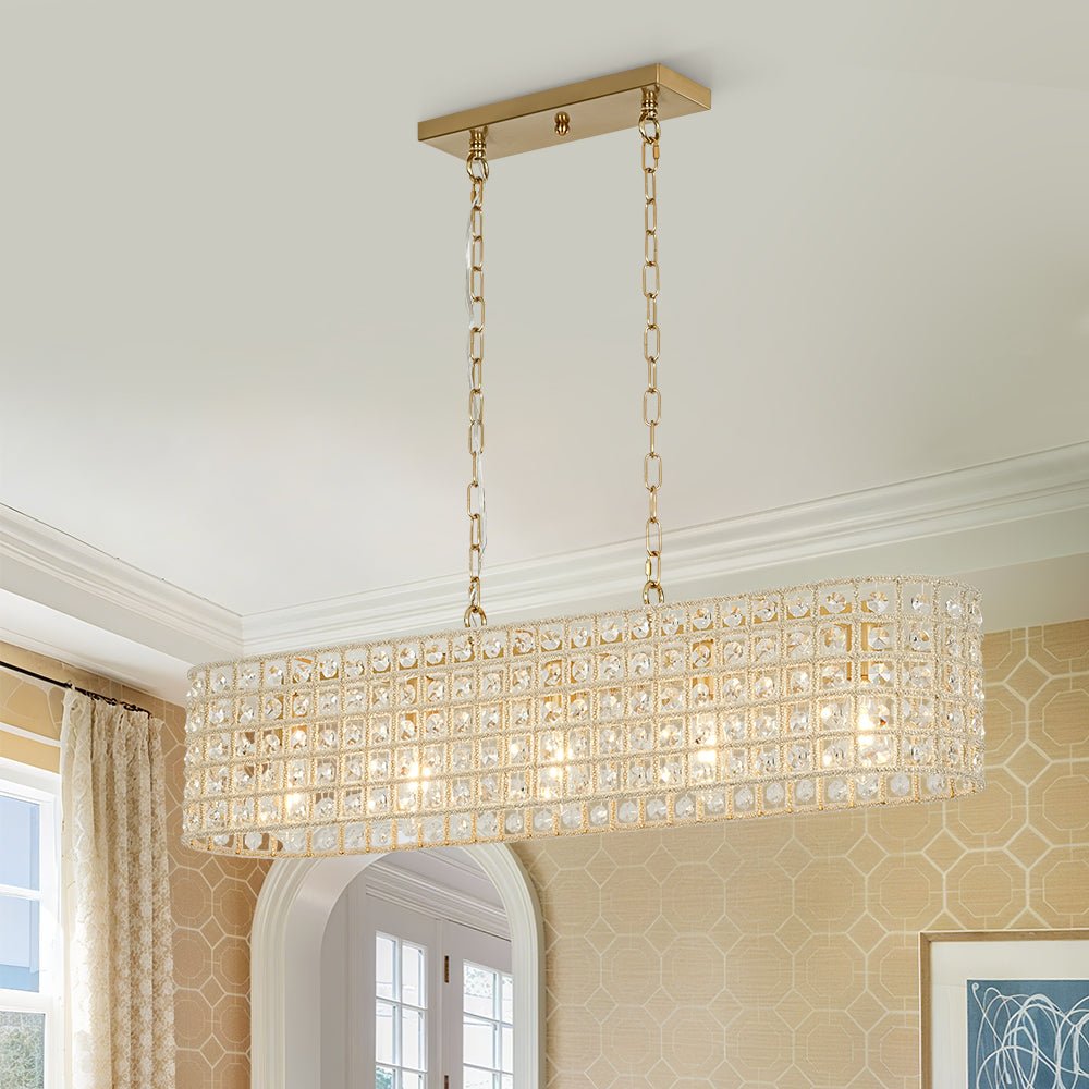 French Luxe Brass Crystal Linear Cage Island Chandelier