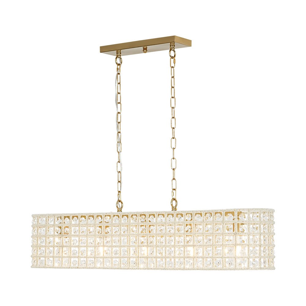 French Luxe Brass Crystal Linear Cage Island Chandelier