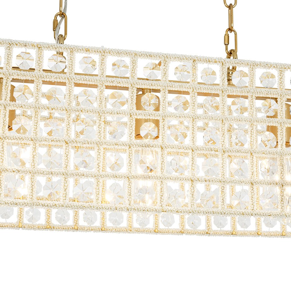 French Luxe Brass Crystal Linear Cage Island Chandelier