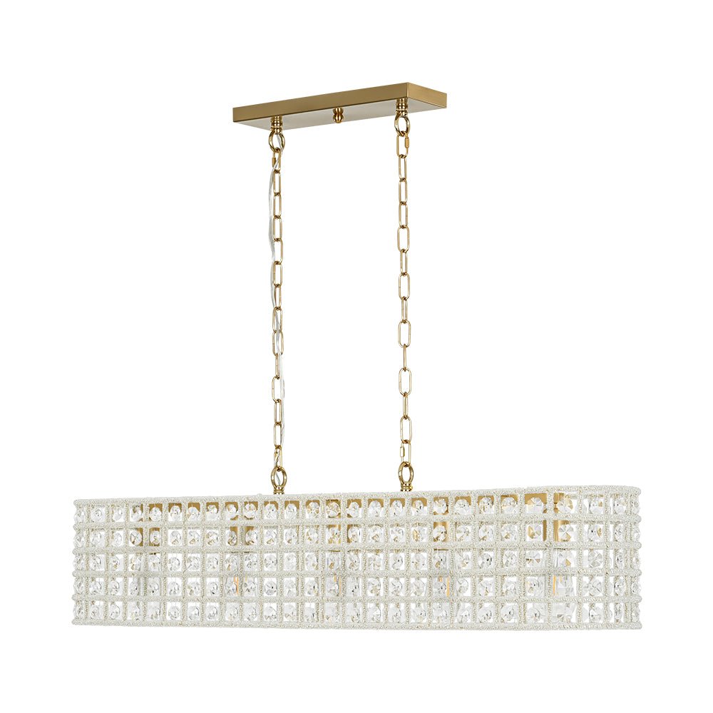 French Luxe Brass Crystal Linear Cage Island Chandelier