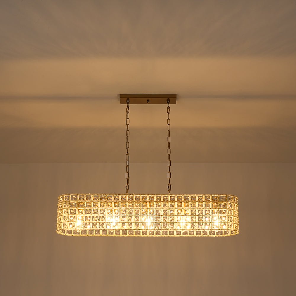 French Luxe Brass Crystal Linear Cage Island Chandelier